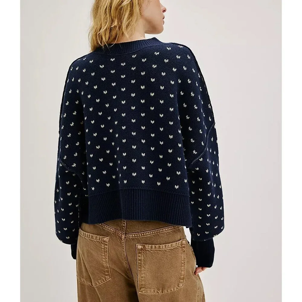 Free People Navy Blue Cropped Crewneck Sweater with Cream Dot Pattern